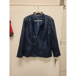 Elementz Woman‎ 3X Jacket Blue Faux Leather Croc Print Full Zip Plus Size Coat